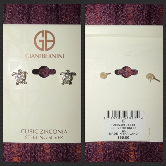 Giani Bernini CZ earrings Sea Turtle Sterling Silver Heart Studs Cubic Zirconia - Picture 5 of 7